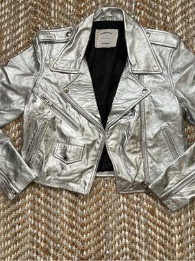 Metallic Silver Leather Moto Jacket - Unbranded